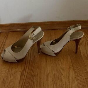 Stuart Weitzman Cream Heels with Peep-Toe Design and Slingback Strap 7M